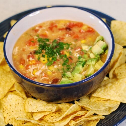 A bowl of tortilla soup surrounded by tortilla chips
